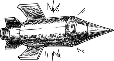 An illustrated rocket with a pointed nose and fins, depicted in a vintage style. The rocket appears to be in motion, with lines suggesting speed or energy. vector