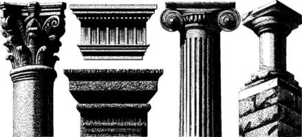 Engraved architectural elements set featuring classical columns for design projects. vector