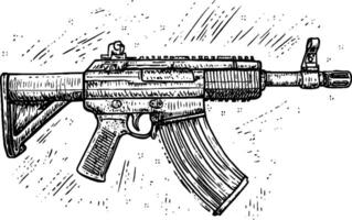 A detailed sketch of a modern assault rifle, showcasing its features such as the magazine, stock, and sight. The illustration has a hand-drawn style with shading and texture. vector