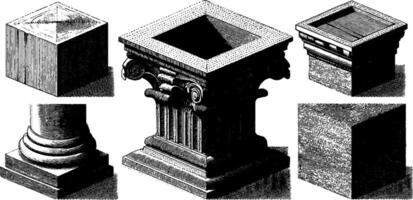 Classical architectural elements set featuring engraved pillars and capitals for design projects. vector