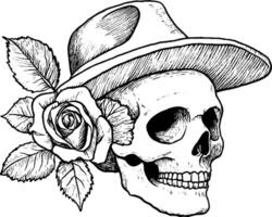 A detailed illustration of a skull wearing a wide-brimmed hat, adorned with a rose and leaves. The design features intricate line work, emphasizing the contrast between the skull and the floral elements. vector