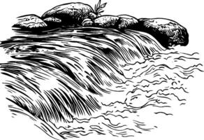 A black and white illustration of a flowing stream over rocks, showcasing the movement of water and natural elements. vector