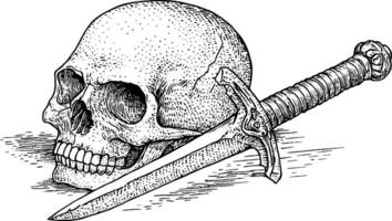 An intricately detailed illustration of a human skull resting beside a sword. The skull features realistic textures and shading, while the sword has a decorative hilt and a sharp blade, creating a striking contrast between life and death. vector
