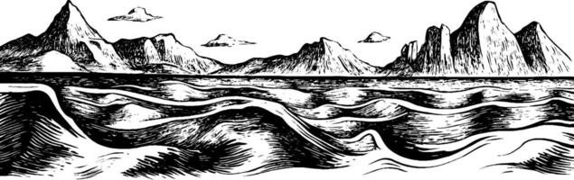 A black and white illustration depicting a scenic view of mountains and waves. The mountains are jagged and towering, while the waves are stylized with flowing lines. The sky features a few clouds, enhancing the dramatic landscape. vector
