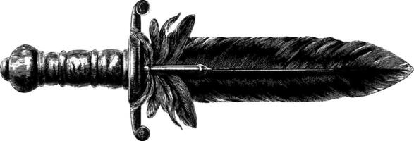 Engraved sword with raven feather design for artistic prints and decor. vector