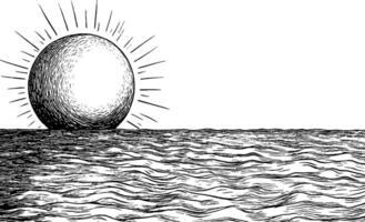 An artistic illustration of a large sun setting over the ocean, with rays emanating from the sun and wavy lines representing the water. vector