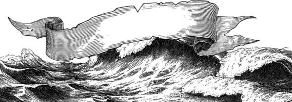 Intricate engraved illustration of ocean waves crashing with scroll banner design. vector
