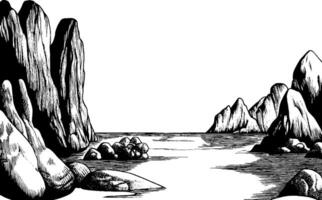 A black and white illustration of a serene landscape featuring rocky cliffs and a calm body of water. The scene includes various rock formations and a tranquil atmosphere. vector