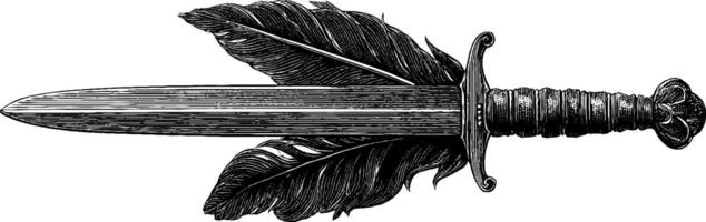 Engraved sword with ornate raven feathers design for decorative use. vector