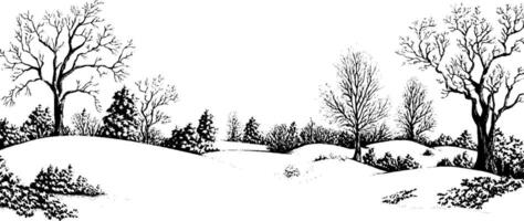 A black and white illustration of a winter landscape featuring snow-covered hills, bare trees, and evergreen shrubs. The scene conveys a serene, tranquil atmosphere typical of a snowy day. vector