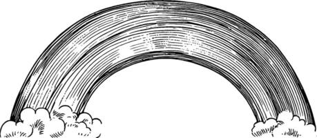 A hand-drawn illustration of a rainbow arching over fluffy clouds, with detailed lines and shading. vector