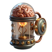 intense beautiful Steampunk brain in a jar with intricate wiring and glowing tubes with Transparent Background genuine png