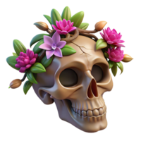 impressive exceptional Concept art style, isolated cutout of a single, floating, human skull crafted from interwoven tree roots and blooming with vibrant, exotic flowers with Transparent Background png