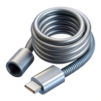 enchanting exemplary Professional render of a single silver metallic USB-C cable, coiled neatly, isolated cutout with Transparent Background png