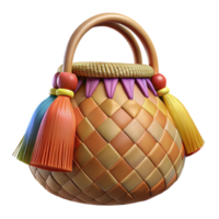 stunning standout Hyper-specific professional render of a tribal woven bag decorated with colorful tassels with Transparent Background png