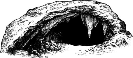An illustration of a cave entrance, featuring jagged rocks and icicles hanging from the ceiling. The cave appears dark and mysterious, with a sandy floor and some vegetation visible at the entrance. vector