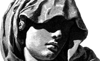 Engraved portrait of a woman in shadow with hooded cloak. classical art and expression. vector