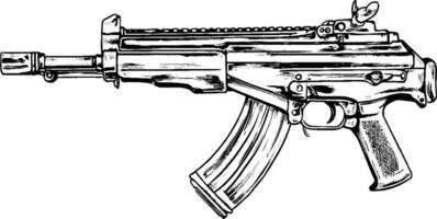 An illustration of a detailed assault rifle with a curved magazine, tactical sights, and a suppressor. The design showcases various mechanical components and textures. vector