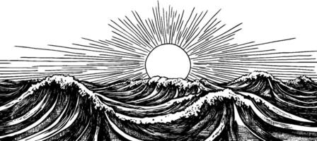 A stylized illustration of ocean waves with a rising sun in the background, featuring bold lines and intricate details. vector