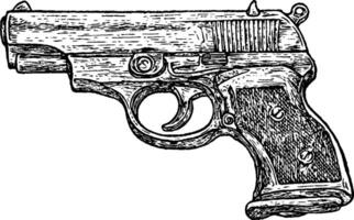 An illustration of a handgun, showcasing detailed engravings and a textured grip. The firearm is depicted in a side view, emphasizing its design and features. vector