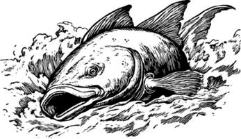 A detailed illustration of a fish emerging from turbulent water, showcasing its scales and fins. The fish has an open mouth and is surrounded by splashes of water, emphasizing movement and energy. vector