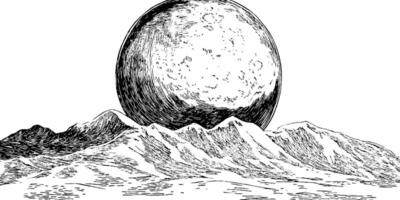 An artistic illustration of a large moon rising behind a mountain range, showcasing detailed line work and a stark black and white contrast. vector