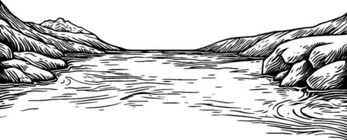 A hand-drawn illustration of a river flowing between rocky banks, with mountains in the background. The scene captures a serene and natural landscape, emphasizing the flowing water and rugged terrain. vector