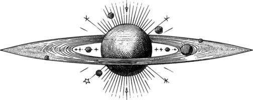 Engraved celestial banner with orb and stars for cosmic design. vector