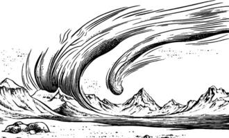 An artistic illustration of a comet soaring over a mountainous landscape, with dramatic clouds trailing behind it. The scene captures a sense of motion and grandeur in nature. vector