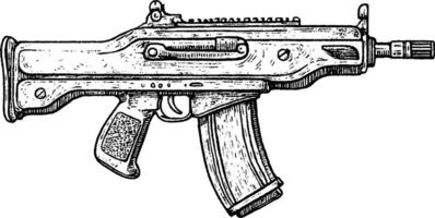 A detailed illustration of a modern submachine gun, showcasing its sleek design and features. The gun is depicted from the side, highlighting its magazine and grip. vector