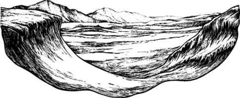 An artistic black and white illustration of a landscape featuring rolling hills and mountains in the background, with a wavy terrain in the foreground. vector