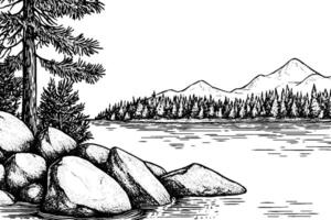 A detailed black and white illustration of a serene lakeside scene featuring large rocks in the foreground, a tall pine tree, and mountains in the background. The calm water reflects the surrounding nature. vector