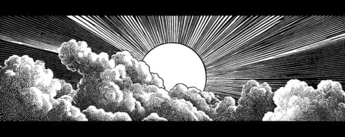 Vintage engraved banner with dramatic clouds and rays of light for classic design. vector