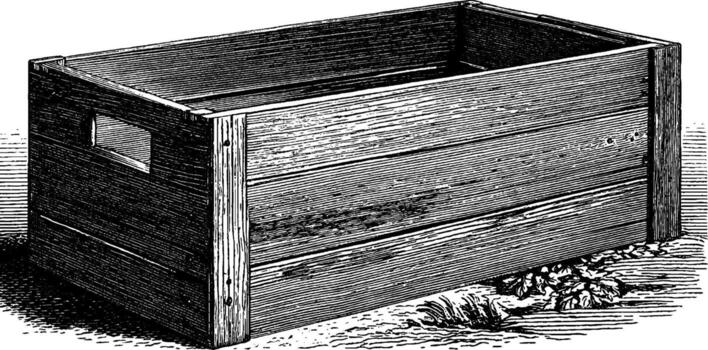 Rustic wooden box with simple design and open top for storage. vector