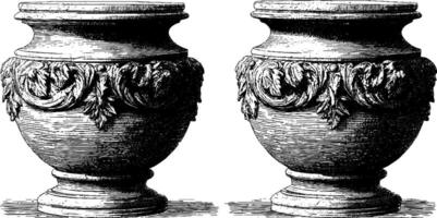 Vintage ornate vases with intricate leaf patterns in black and white illustration. vector