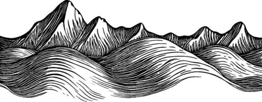 A stylized black and white illustration of mountains and waves, featuring flowing lines that create a sense of movement and depth. vector