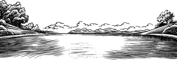 A serene landscape featuring a calm river surrounded by trees and mountains in the background, with a cloudy sky above. vector