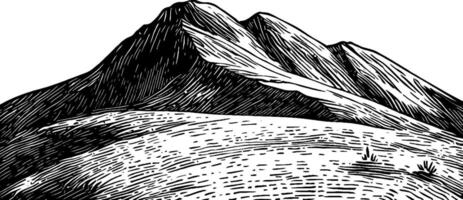 A stylized black and white illustration of mountains with a textured surface, featuring three prominent peaks and rolling hills in the foreground. vector