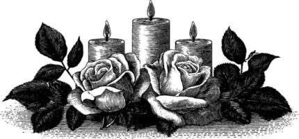 Elegant floral table centrepiece with engraved roses and candles design for decoration. vector