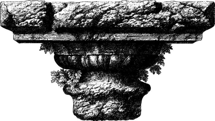 Ancient stone column capital with leafy details in black and white engraving.