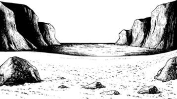 A black and white illustration of a rocky beach landscape. The scene features tall cliffs on either side, with a calm sea in the center and scattered rocks on the sandy shore. vector