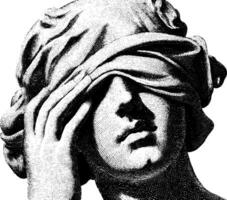 Classical marble sculpture of blindfolded figure with intricate drapery. vector