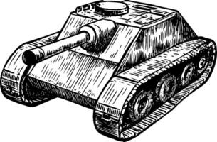 An illustration of a tank, showcasing its armored body, turret, and tracks. The design is detailed with shading and texture, emphasizing its military features. vector