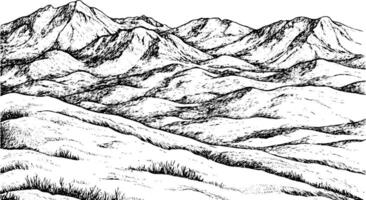 A detailed black and white illustration of a mountainous landscape, featuring rolling hills and peaks in the background. The foreground shows smooth, wavy terrain with sparse grass. vector
