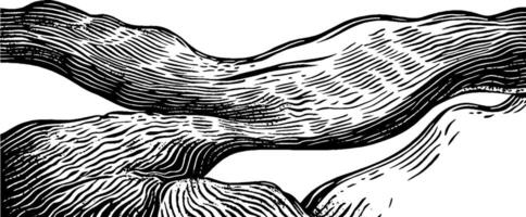 An intricate black and white illustration of flowing lines resembling waves or hills, showcasing detailed textures and patterns. vector
