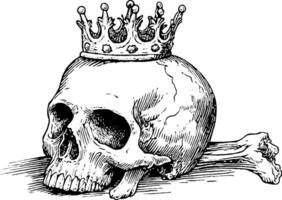 A detailed illustration of a skull resting on a surface, adorned with a decorative crown. The skull is positioned beside a bone, emphasizing themes of mortality and royalty. vector