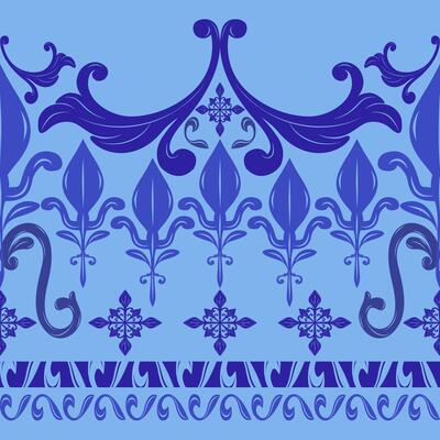 Cerulean Luxury Royal Blue Curly Scroll Ornament Seamless Border Pattern. Exotic Opulence Sound of Ocean Waves Inspired. Elegance Baroque Element Design for Decoration Stripe Rim Embroidery Silk Scarf