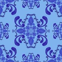 Exotic Elaborate Royal Blue Scroll Ornate on Light Azure Background. Ocean Waves Delicate Florals Luxury Geometric Twist Repeat Pattern Stripe Border for Elegance Work Decor Silk Textiles Baroque Lace vector