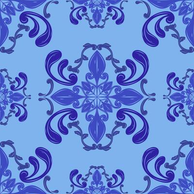 Exotic Elaborate Royal Blue Scroll Ornate on Light Azure Background. Ocean Waves Delicate Florals Luxury Geometric Twist Repeat Pattern Stripe Border for Elegance Work Decor Silk Textiles Baroque Lace