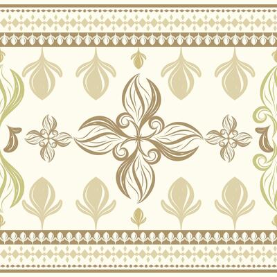 Vintage Botanical Garden With Florals Leaves Buds Seamless Border Pattern Green Brown on Cream Background. Timeless Elegance Twist Geometric Ornate Scroll Sense of Luxury for Decorate Silk Hand Drawn